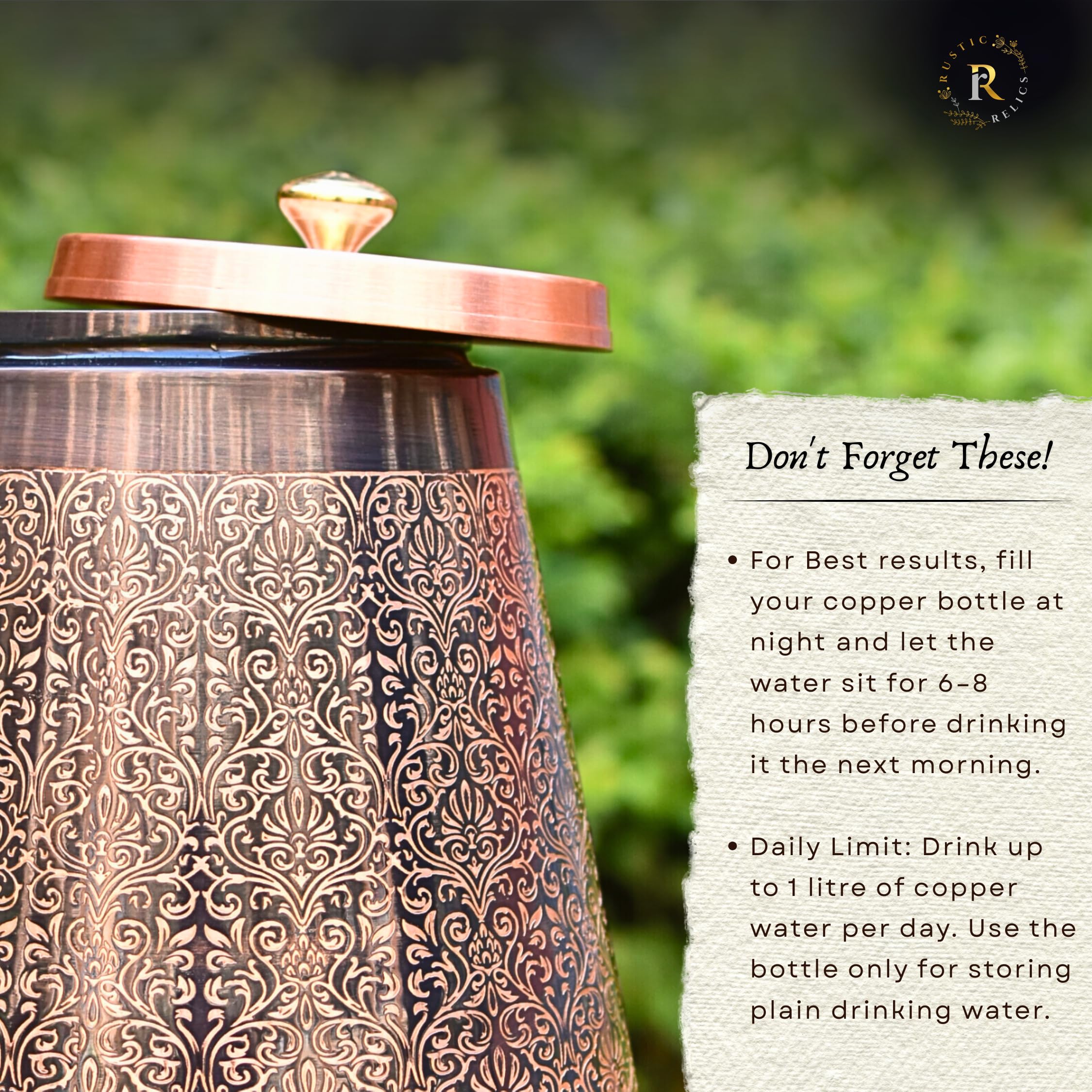 Rustic Relics Antique Copper Water Matka - 5L | With Eye Catching Embosed Engraving Design | Copper Water Storage Dispenser With